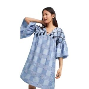 Anthropologie Maeve Tatum Embroidered Tunic Dress V Neck Tassel Pullover Small